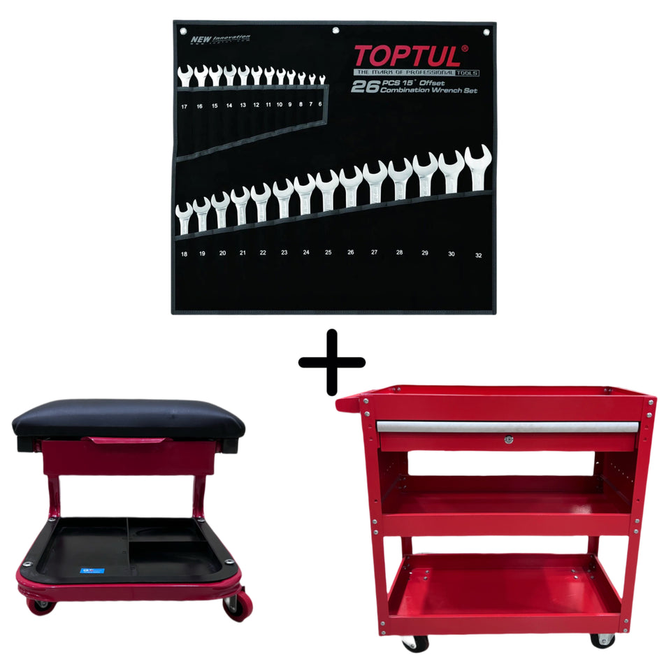 LIGHT GARAGE BUNDLE: TOPTUL Combination Wrench Set + 3 Tier Tool Cart + Rolling Mechanic's Chair With Drawer