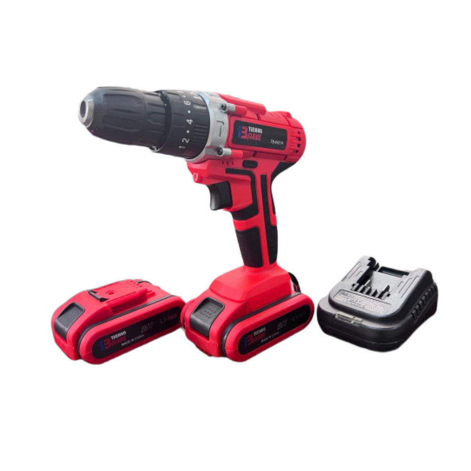 TECHNO BRAVE Power Cordless Impact Drill set 10mm with 2x21V, 2Ahm Batteries