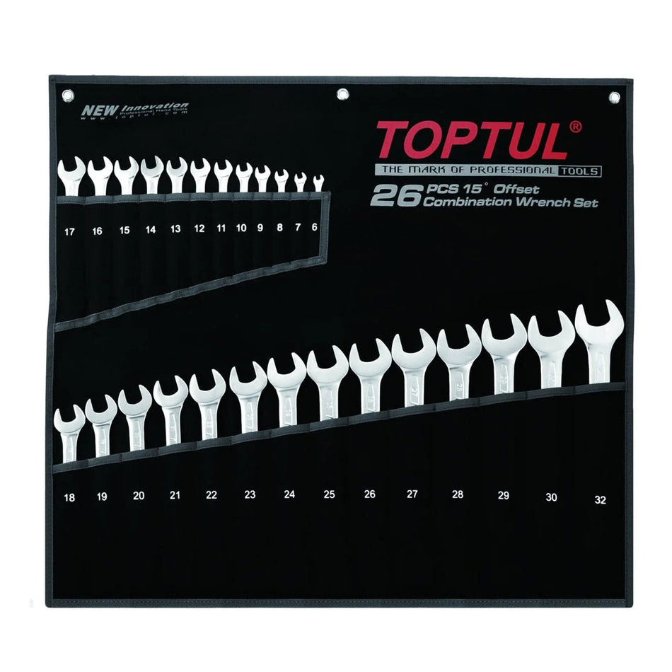 TOPTUL 15° OFFSET HI-PERFORMANCE COMBINATION WRENCH SET - POUCH BAG - METRIC