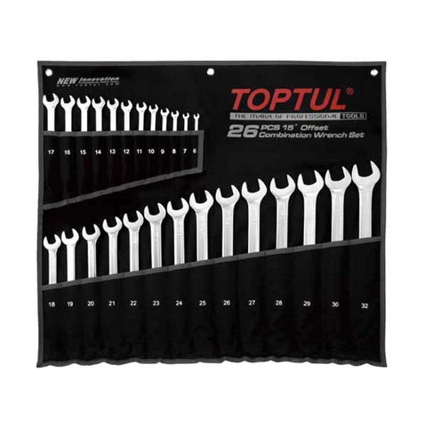 TOPTUL 15° OFFSET LONG COMBINATION WRENCH SET - POUCH BAG - BLACK (SATIN CHROME FINISHED)