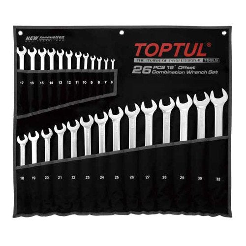 TOPTUL 15° OFFSET LONG COMBINATION WRENCH SET - POUCH BAG - BLACK (SATIN CHROME FINISHED)